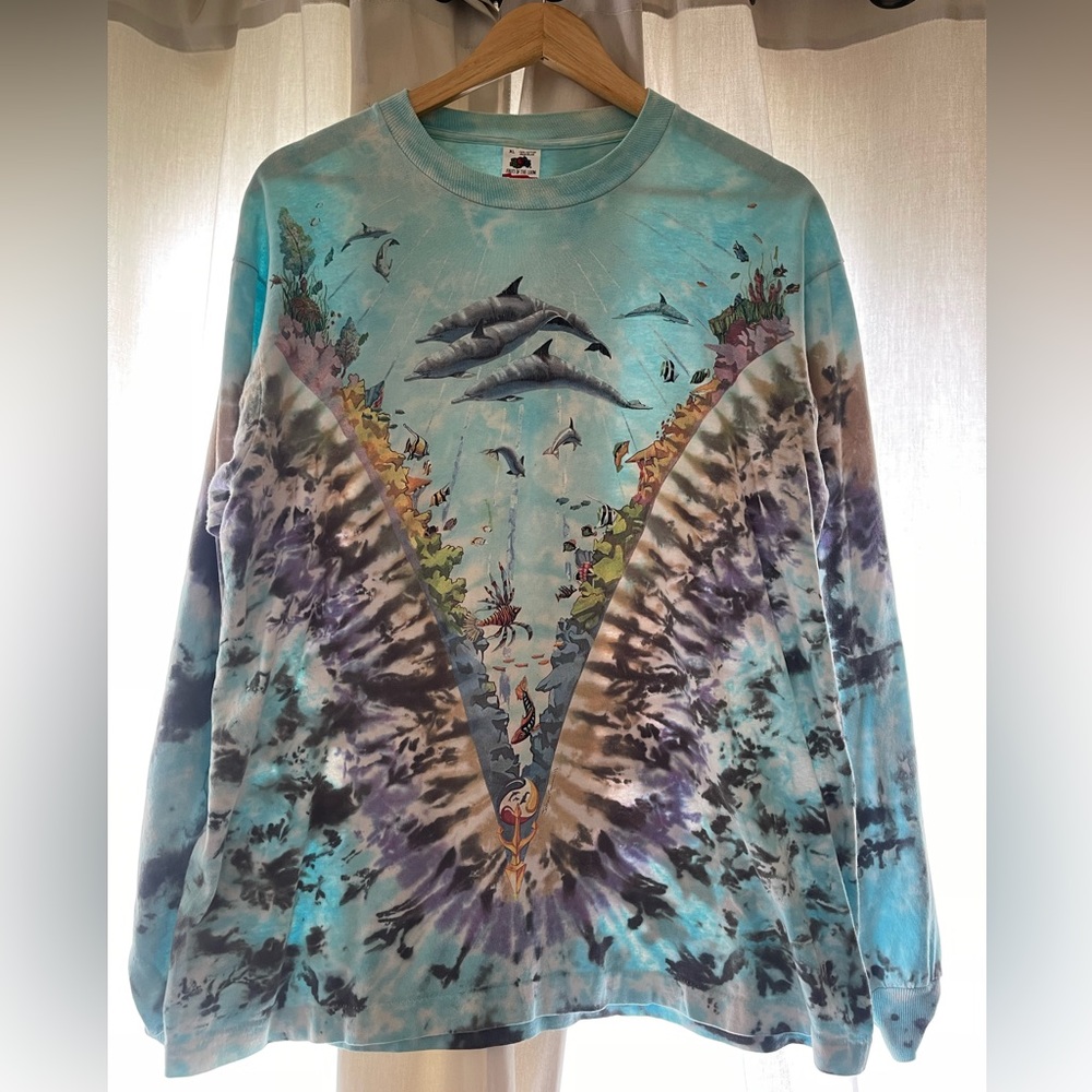 Vintage 1990 Liquid blue Ocean Dolphin Whale AOP long sleeve tee. XL